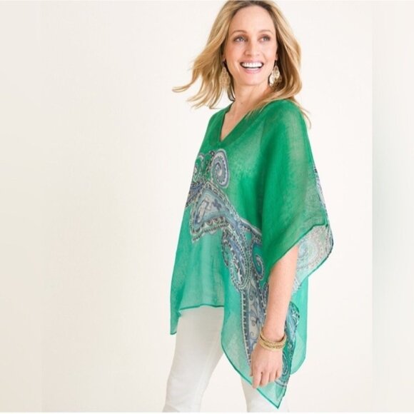 Chicos Women’s 100% Linen Poncho Blouse Cover Up Top Boho Beach S M Paisley - Picture 1 of 11